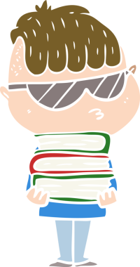 Düz renkli çizgi film çocuğu güneş gözlüğü takıyor ve bir insan tarafından çizilmiş kitap yığını.