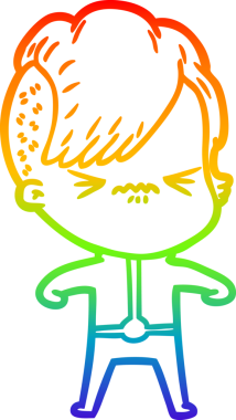 Gökkuşağı gradyan çizgisi. Bir insan tarafından çizilmiş fütüristik elbiseli rahatsız bir kızın çizimi.