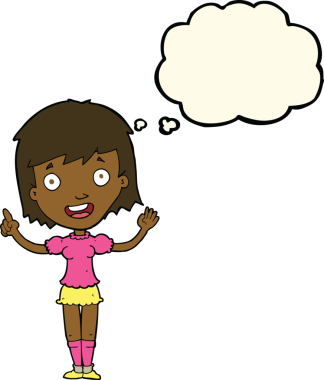 Bir insan tarafından çizilmiş düşünce balonuyla işaret eden çizgi film kadını.