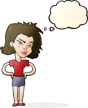 Bir insan tarafından çizilmiş düşünce baloncuğu olan elleri kalçasında çizgi film kadını.