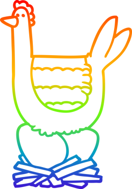 Gökkuşağı gradyan çizgi çizimi bir insan tarafından çizilmiş yumurta üzerinde oturan tavuk çizgi