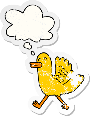 Düşünce baloncuğu olan çizgi film ördeği insan tarafından çizilmiş yıpranmış bir çıkartma.