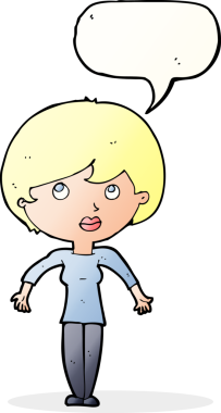 Bir insan tarafından çizilmiş konuşma baloncuğuyla omuz silken çizgi film kadını.