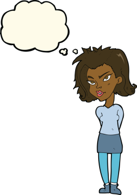 Bir insan tarafından çizilmiş düşünce baloncuğu olan çizgi film kadını.