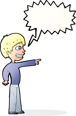 Bir insan tarafından çizilmiş konuşma balonuyla işaret eden sırıtan çocuk.