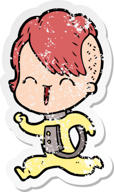 Bir insan tarafından çizilmiş uzay giysisi giyen mutlu bir hipster kızın sıkıntılı çıkartması.