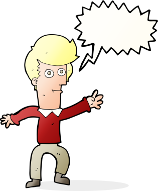 Bir insan tarafından çizilmiş konuşma baloncuğuyla el sallayan çizgi film adamı.