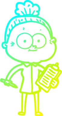 Bir insan tarafından çizilmiş, mutlu, yaşlı bir kadının çizimi.