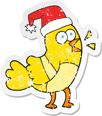 Bir insan tarafından çizilmiş noel şapkası giyen karikatür kuşunun gerilimli çıkartması.