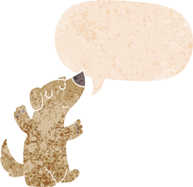 Bir insan tarafından çizilmiş grunge dertli retro tarzı konuşma baloncuğu ile çizgi film köpeği