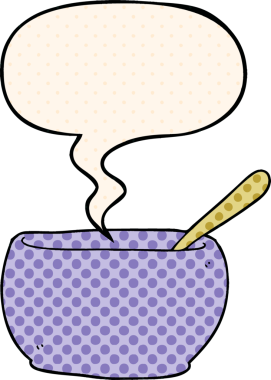 Çizgi roman tarzında bir insan tarafından çizilmiş konuşma balonlu çorba kasesi.