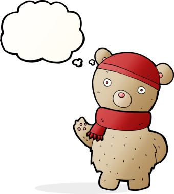 Bir insan tarafından çizilmiş düşünce baloncuğu eşarplı, kış şapkalı oyuncak ayı.