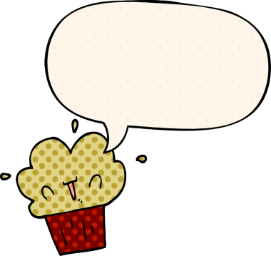 Bir insan tarafından çizilmiş çizgi roman tarzında konuşma balonlu kek.