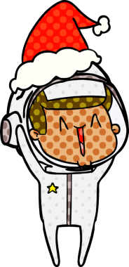 Bir insan tarafından çizilmiş Noel Baba şapkası giyen bir astronotun çizdiği mutlu el çizimi çizgi roman tarzı.