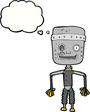 Bir insan tarafından çizilmiş düşünce baloncuğu olan yaşlı bir robot.