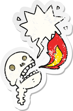 Bir insan tarafından çizilmiş, sıkıntılı, eski bir çıkartma olan, konuşma balonlu, tuhaf cadılar bayramı kafatası çizgi filmi.