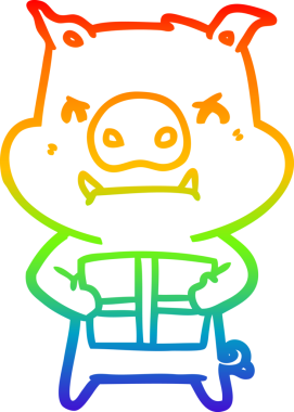 Gökkuşağı gradyan çizgisi kızgın çizgi film domuzu ve bir insan tarafından çizilmiş Noel hediyesi.