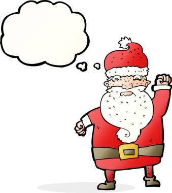 Bir insan tarafından çizilmiş düşünce baloncuklu kızgın Noel Baba çizgi filmi.