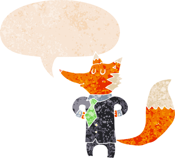 Bir insan tarafından çizilmiş grunge sıkıntılı retro tarzı ile konuşma balonu ile çizgi film tilkisi iş adamı