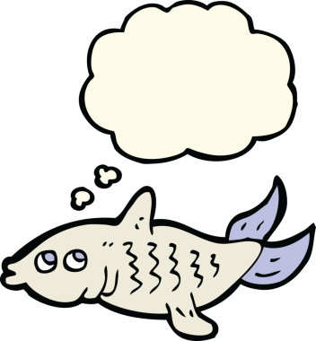 Bir insan tarafından çizilmiş düşünce baloncuklu çizgi film balığı.