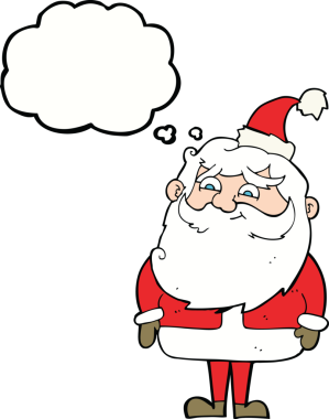 Bir insan tarafından çizilmiş düşünce baloncuklu Noel Baba çizgi filmi.