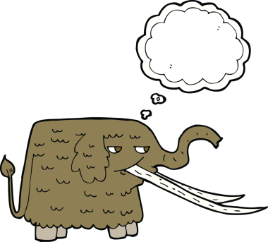 Bir insan tarafından çizilmiş düşünce baloncuklu yünlü mamut çizgi filmi.