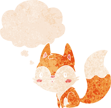 Düşünce baloncuğu ile çizgi film tilkisi grunge sıkıntılı retro dokuma bir insan tarafından çizilmiş