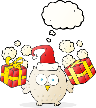 Bir insan tarafından çizilmiş serbest çizim balon karikatür noel baykuşu