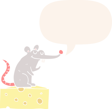 Peynirin üzerinde oturan çizgi film faresi, bir insan tarafından retro tarzda çizilmiş konuşma baloncuğu ile