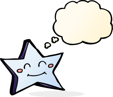 Bir insan tarafından çizilmiş düşünce baloncuklu mutlu yıldız karakteri.