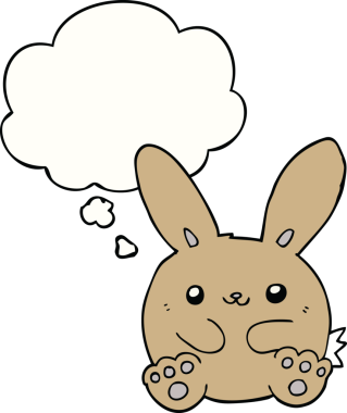 Bir insan tarafından çizilmiş düşünce kabarcığı olan çizgi film tavşanı.