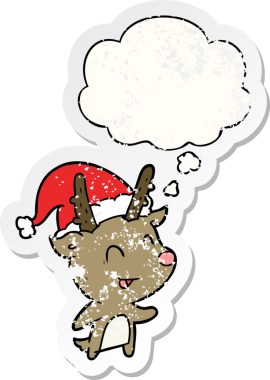 Düşünce baloncuğu olan karikatür Noel geyiği insan tarafından çizilmiş yıpranmış bir çıkartma.