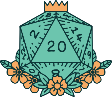 Retro Dövme Biçimi Doğal 20 D20 zar bir insan tarafından çizilmiş çiçek elementleriyle