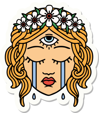 Geleneksel kadın yüzü stili dövme çıkartması. Bir insan tarafından çizilmiş mistik üçüncü göz.