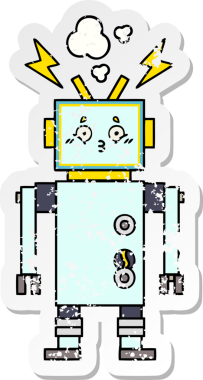 Bir insan tarafından çizilmiş sevimli bir robot çizgi film çıkartması.