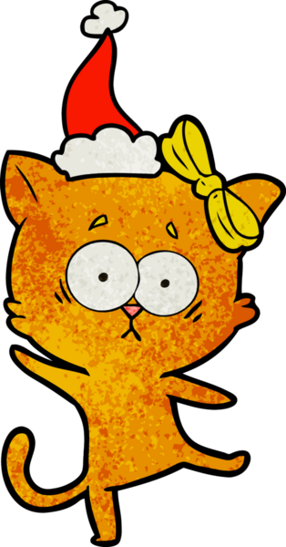 Bir insan tarafından çizilmiş Noel Baba şapkası takan bir kedinin el çizimi karikatürü.
