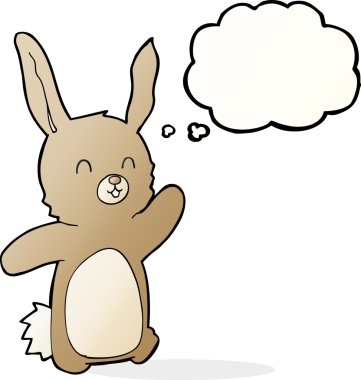 Bir insan tarafından çizilmiş düşünce balonlu mutlu tavşan çizgi filmi.