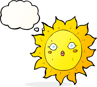 Bir insan tarafından çizilmiş düşünce baloncuklu çizgi film güneşi.