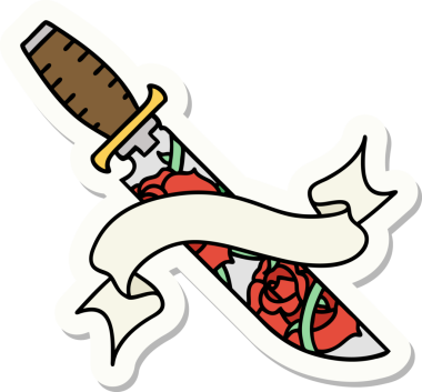 Bir hançer sancağıyla dövme stili çıkartması ve bir insan tarafından çizilmiş çiçekler