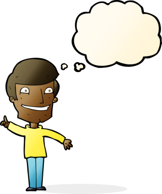 Bir insan tarafından çizilmiş düşünce baloncuğuyla sırıtan çizgi film adamı.