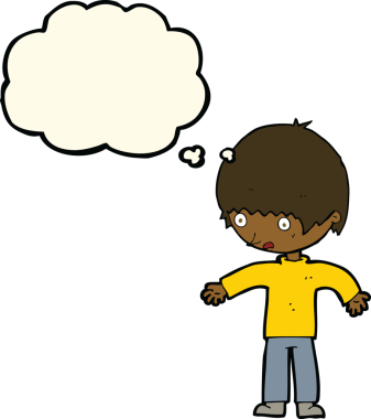 Bir insan tarafından çizilmiş düşünce kabarcığı olan kafası karışmış bir çocuk.