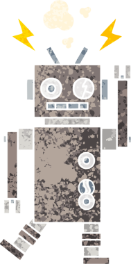Bir insan tarafından çizilmiş arızalı bir robotun retro çizim tarzı karikatürü