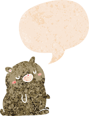 Bir insan tarafından çizilmiş grunge sıkıntılı retro biçimli konuşma balonu ile çizgi film ayısı