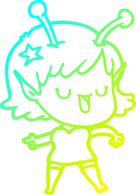 Bir insan tarafından çizilmiş mutlu bir uzaylı kız çizgi filmi.