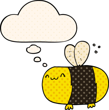 Bir insan tarafından çizilmiş çizgi roman tarzında düşünce baloncuğu olan sevimli çizgi film arısı.