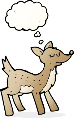 Bir insan tarafından çizilmiş düşünce baloncuklu şirin bir karikatür geyiği.