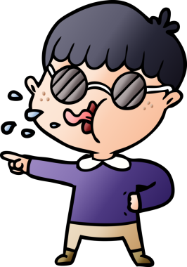 Gözlük takan ve bir insan tarafından çizilen çizgi filmci çocuk.