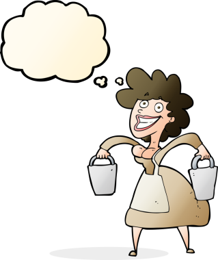 Bir insan tarafından çizilmiş düşünce baloncukları taşıyan sütçü kız.