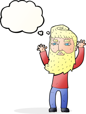 Çizgi film sakallı adam, bir insan tarafından çizilmiş düşünce balonuyla kollarını sallıyor.