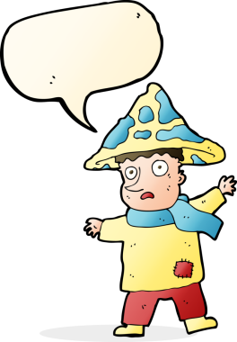 Bir insan tarafından çizilmiş konuşma balonlu sihirli mantar adam.